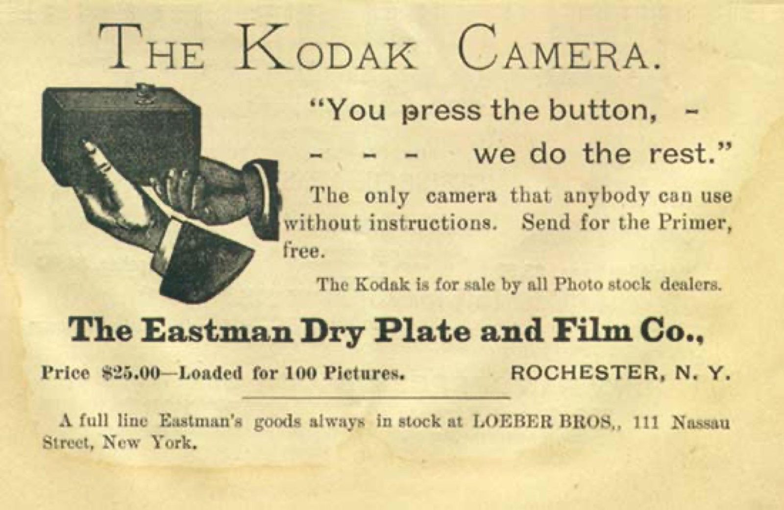 'YOU PRESS THE BUTTON, WE DO THE REST' — KODAK CAMERA ADVERTISEMENT, C. 1889. (PUBLIC DOMAIN)