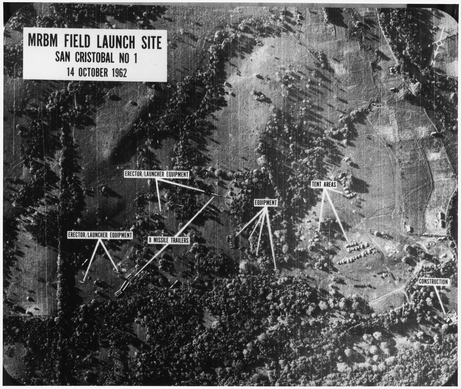 U-2 RECONNAISSANCE PHOTOGRAPH OF THE SAN CRISTÓBAL MRBM SITE, CUBA, 14 OCTOBER 1962 - THE FRAME THAT OPENED THE CUBAN MISSILE CRISIS. (U.S. NATIONAL ARCHIVES, PUBLIC DOMAIN)